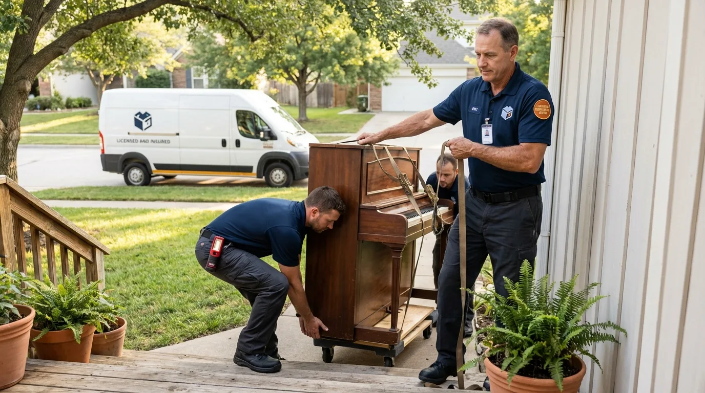 Licensed piano movers securing grand piano in Tahlequah, OK