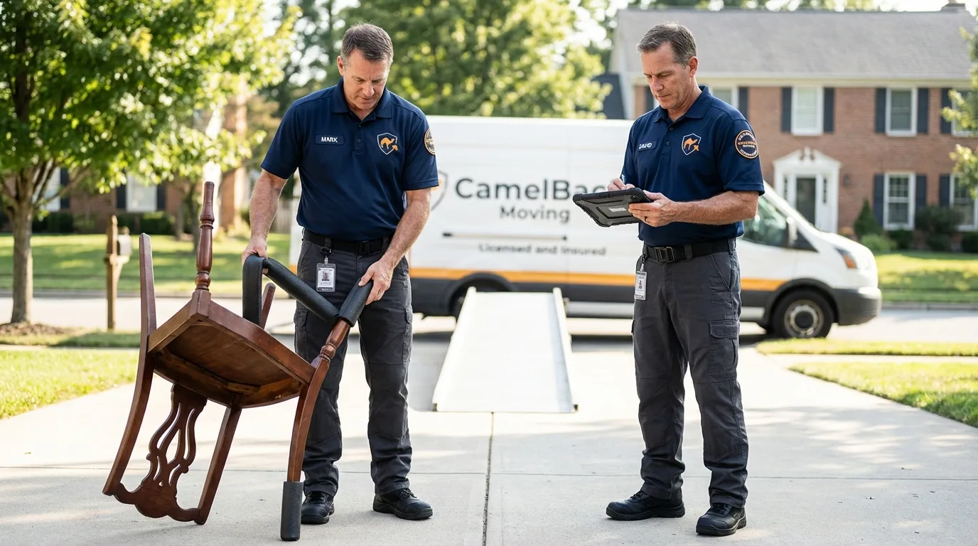 Movers inspecting furniture for damage prevention before loading in Tahlequah, OK