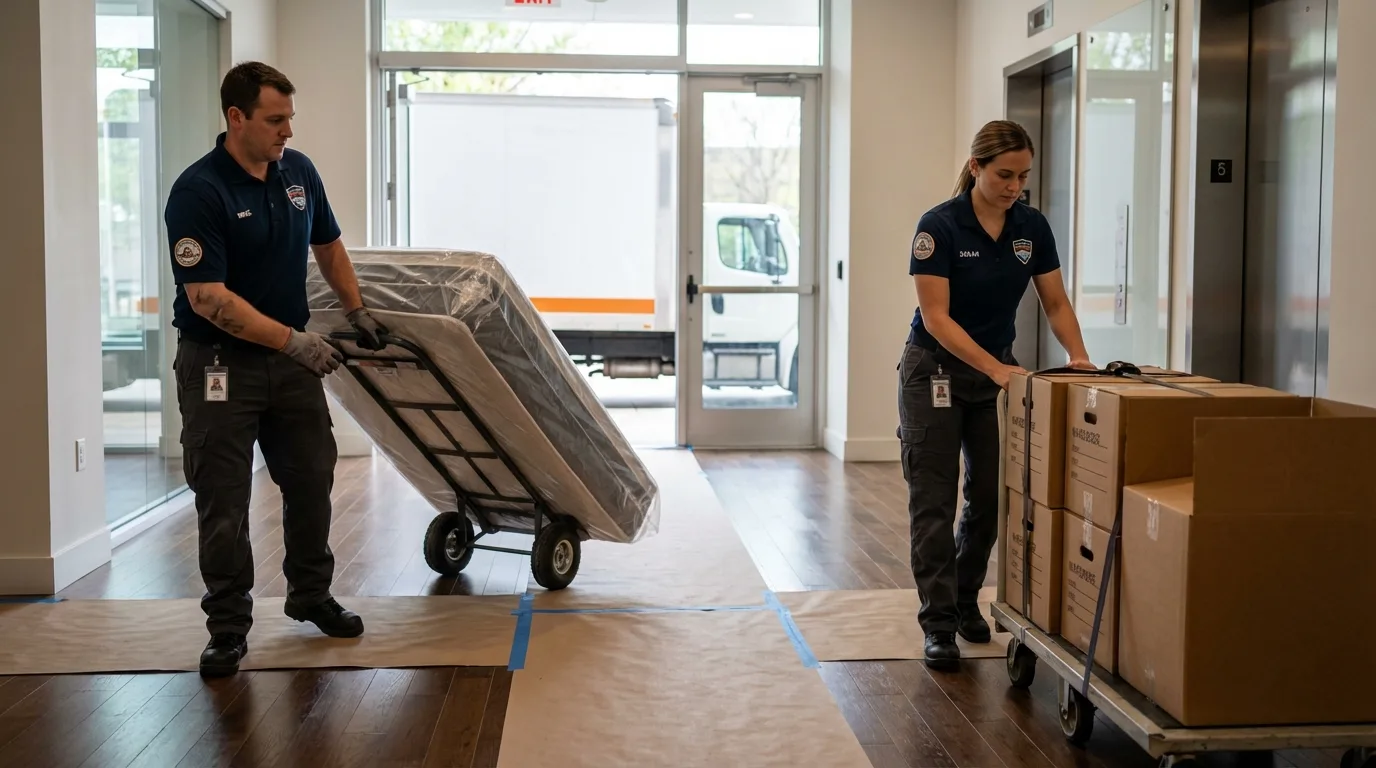 Professional apartment movers loading elevator in Tahlequah, OK