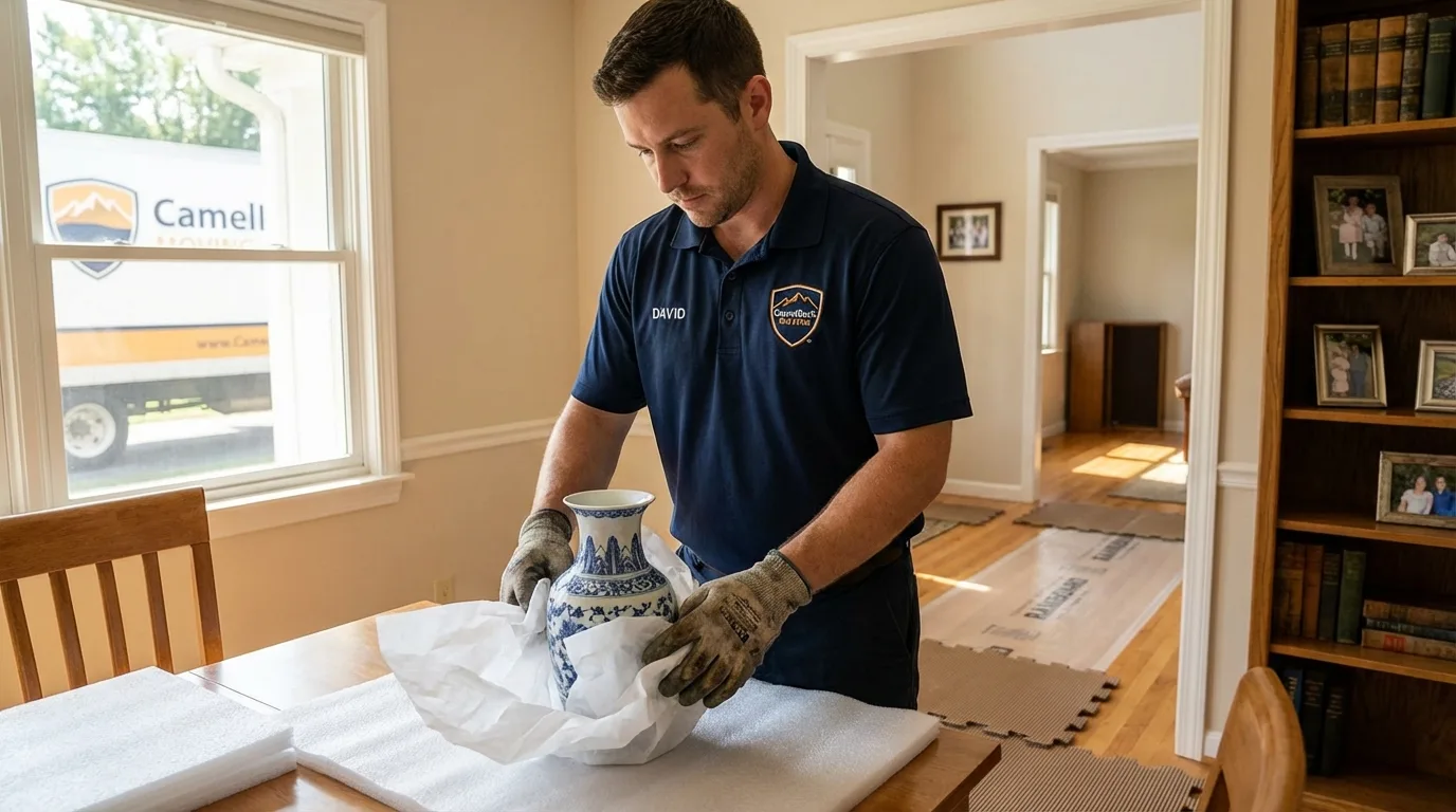 Professional crew carefully wrapping antique vase for senior downsizing move in Tahlequah, OK